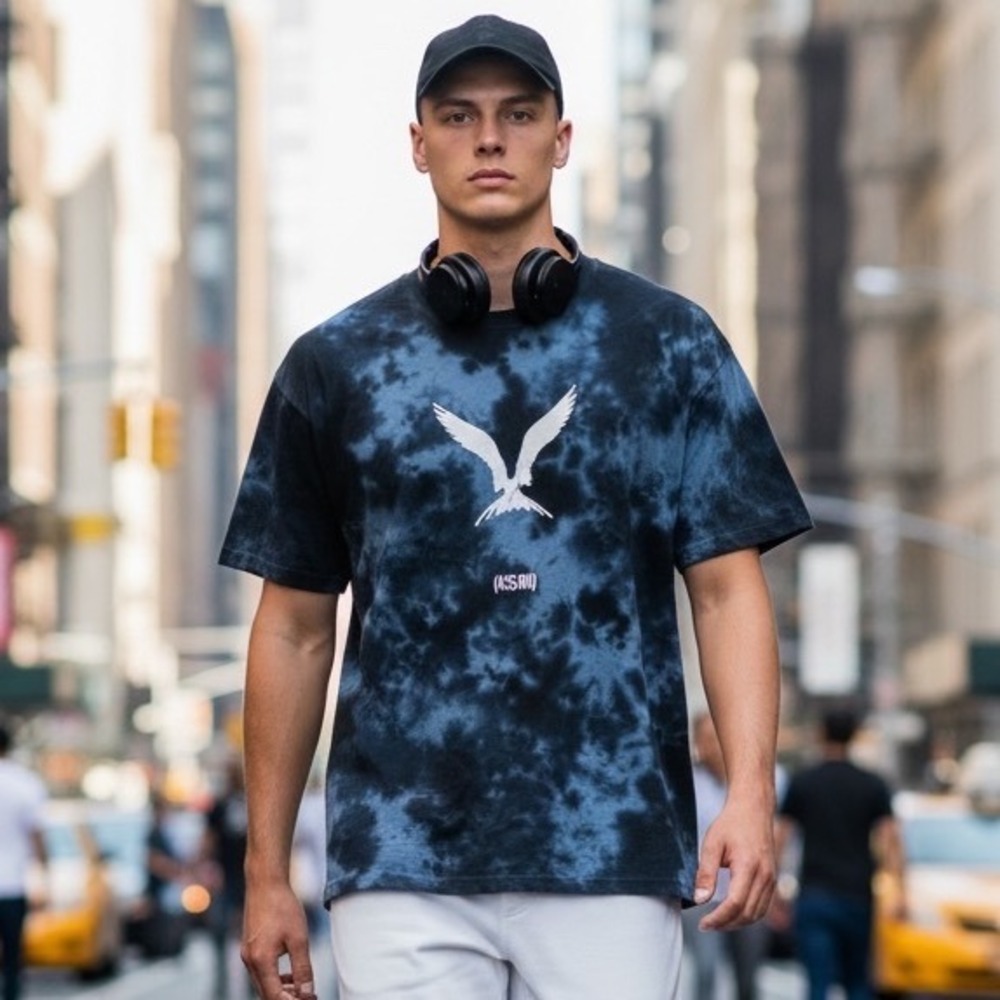 Ksubi Mens Biggie Tie Dye Bird Graphic T-Shirt Blue Black MPF23TE016 Size M